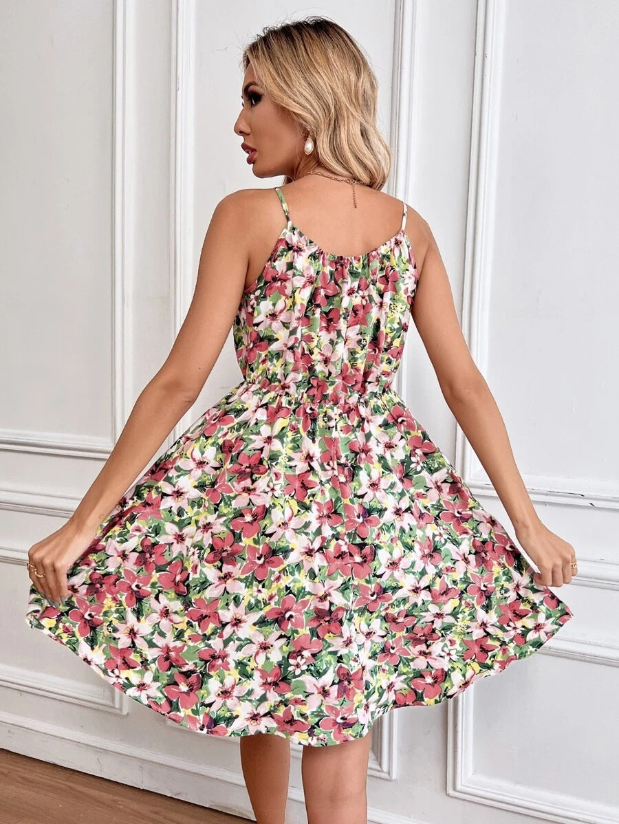 Floral Print Suspender Dress with Elastic Waist Design Fashion Summer