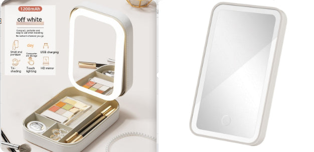 LED Mirror Makeup Storage Box - Portable Travel Cosmetic Organizer with Touch Light