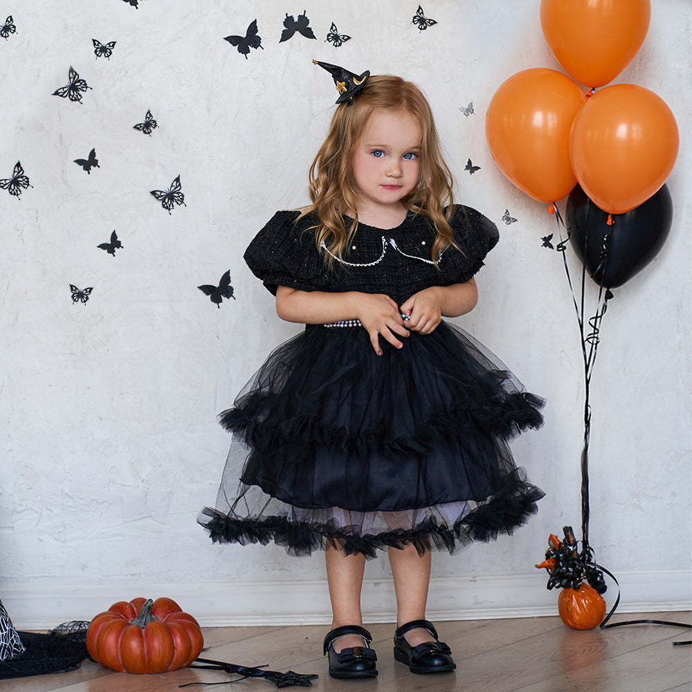 Girls Fashion Halloween Mesh Stitching Puff Sleeve Dress
