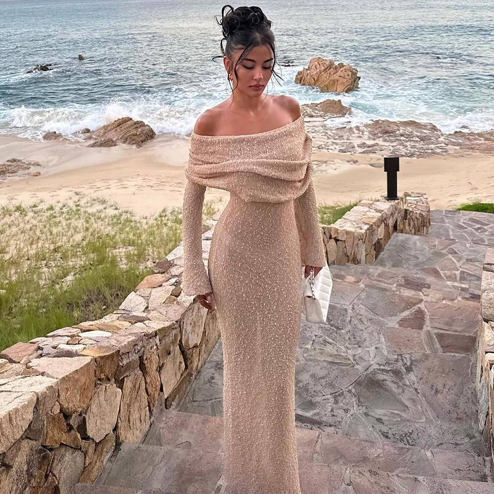 One-Shoulder Knitted Long-Sleeved Dress Sexy Beach Holiday Long