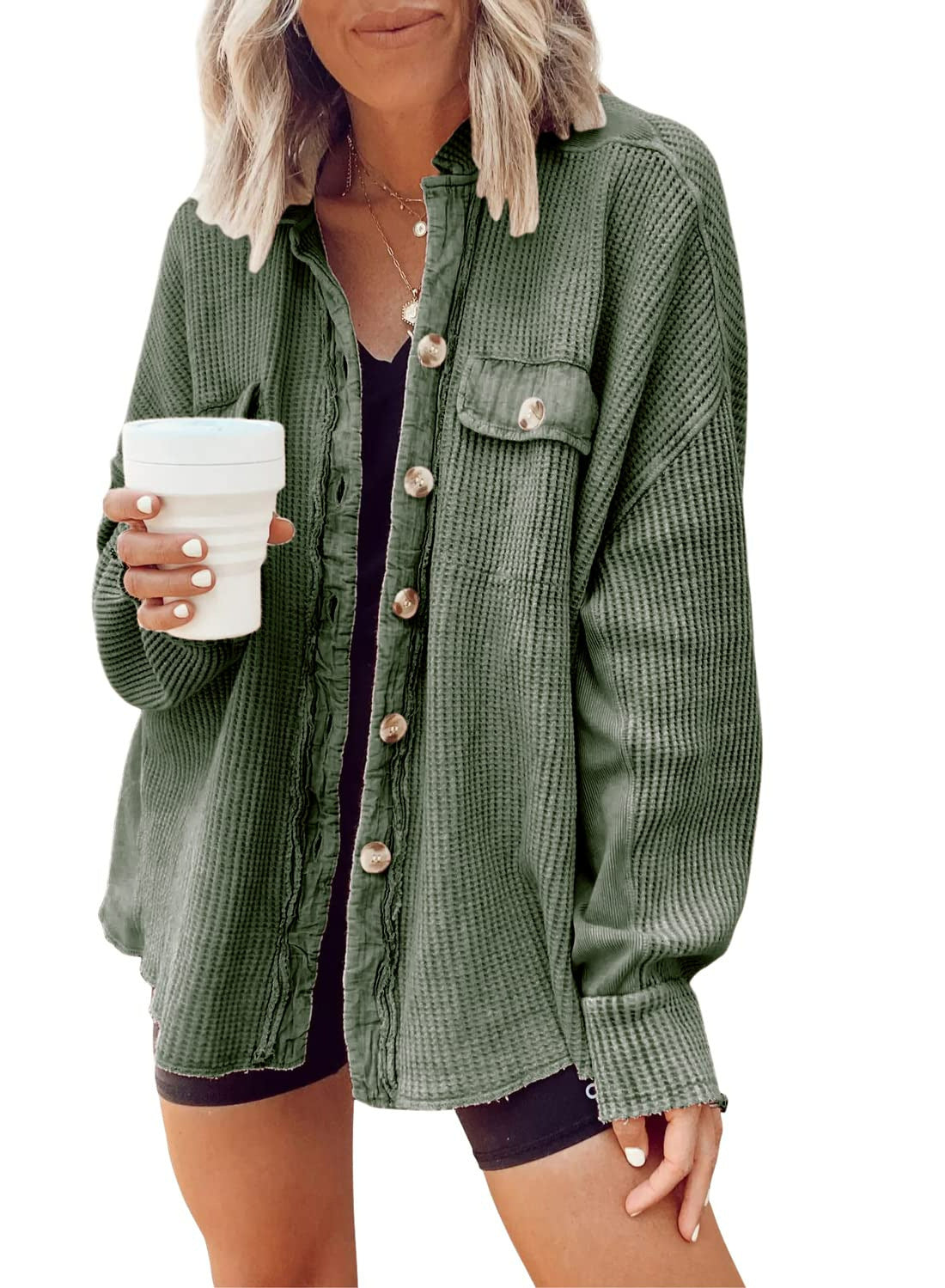 Button Shirt Jacket Women Lapel Long Sleeve Blouse Fashion Tops