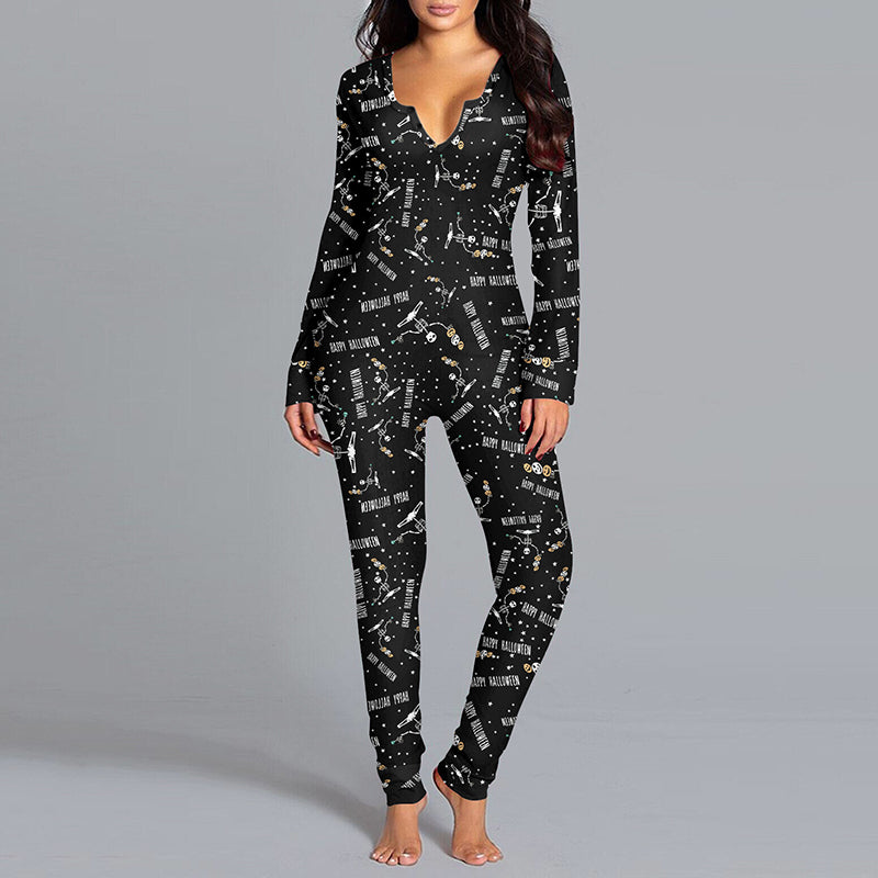 Halloween Printed Jumpsuit Long Sleeve Home Pajamas Casual Trousers