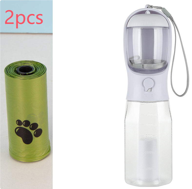 3-in-1 Dog Water Bottle 600 ml - Leakproof Travel Drinker, Food & Poop Bag Holder