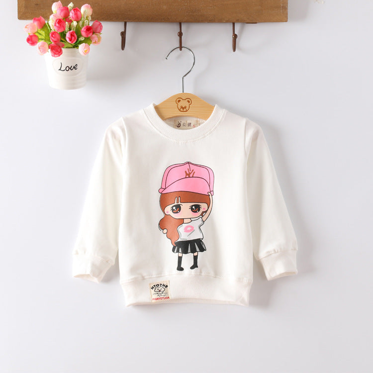 Long-sleeve cotton sweater for baby girls with colourful cartoon patterns, available in 12 styles and sizes from 70 to 100 cm.