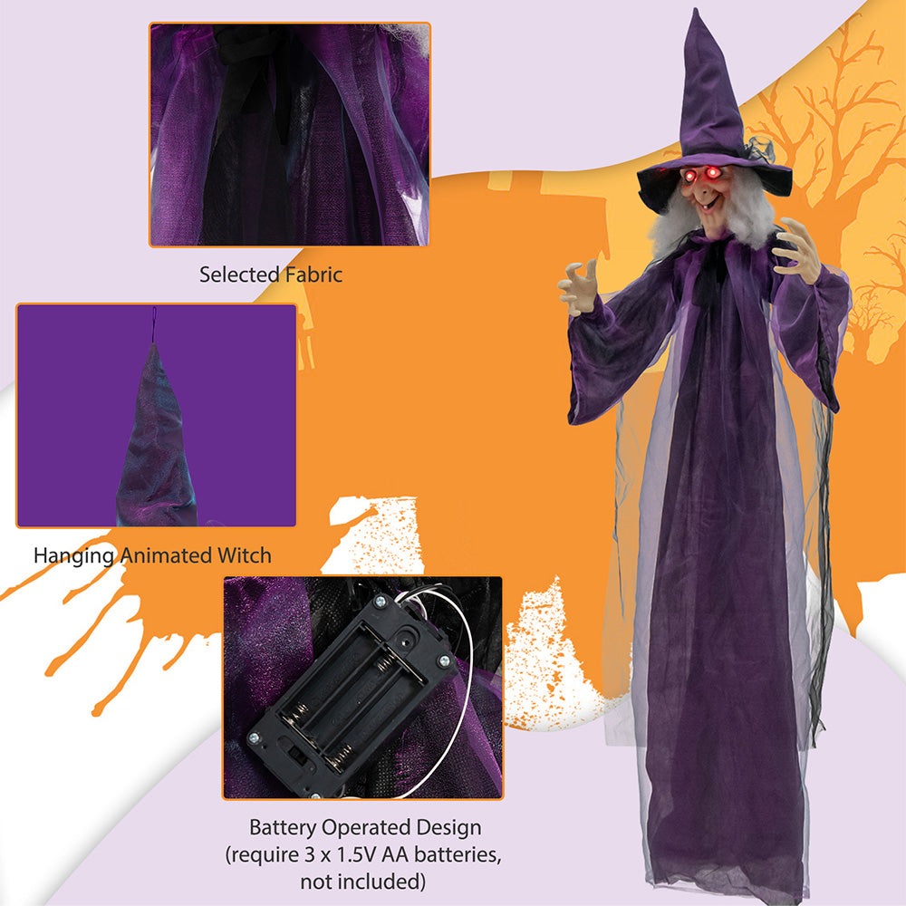 6ft Animated Hanging Witch - Talking Halloween Prop with Red Eyes