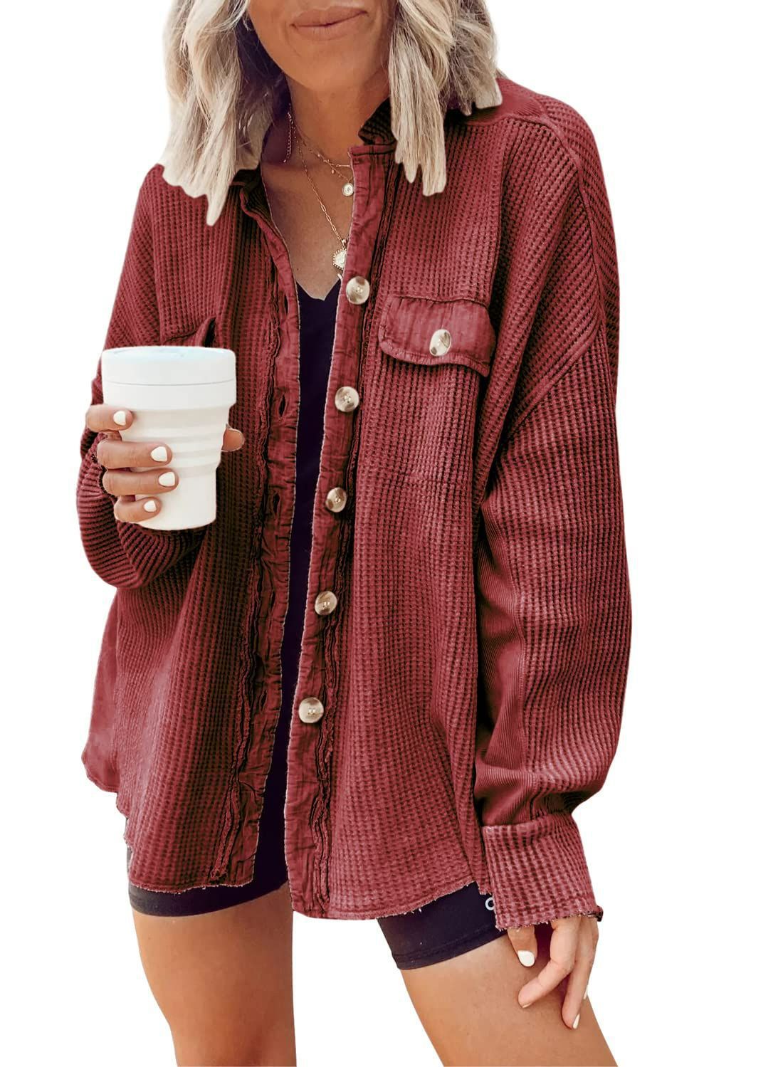 Button Shirt Jacket Women Lapel Long Sleeve Blouse Fashion Tops