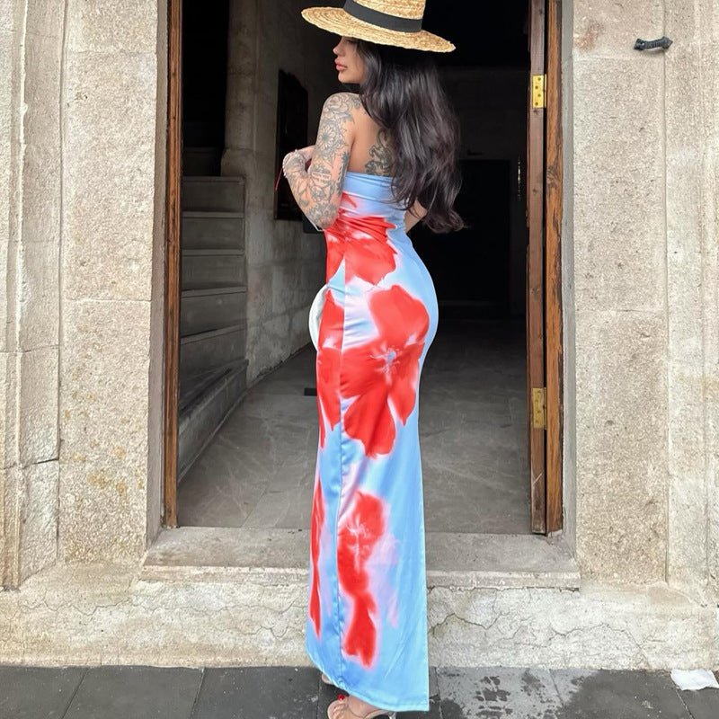 Slim Slit Tube Long Dress Summer Sexy Pint Party Beach Dresses