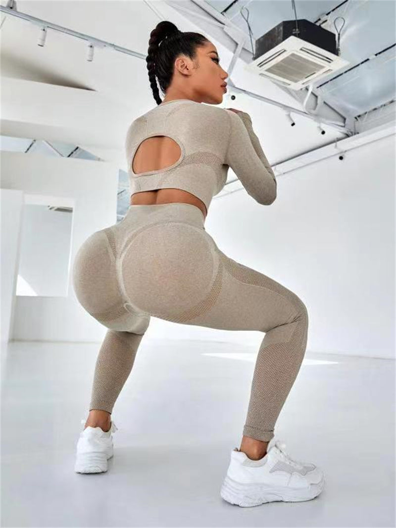 2pcs Sports Suits Long Sleeve Hollow Design Tops and Butt Lifting