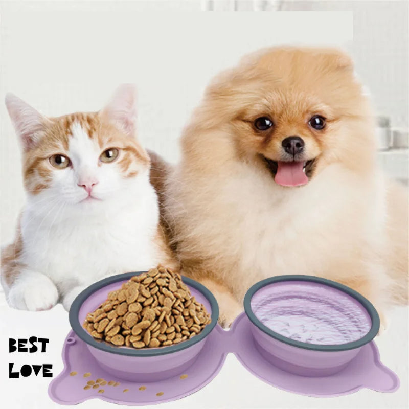 Collapsible Silicone Double Dog Bowl - Portable Travel Food & Water Bowl