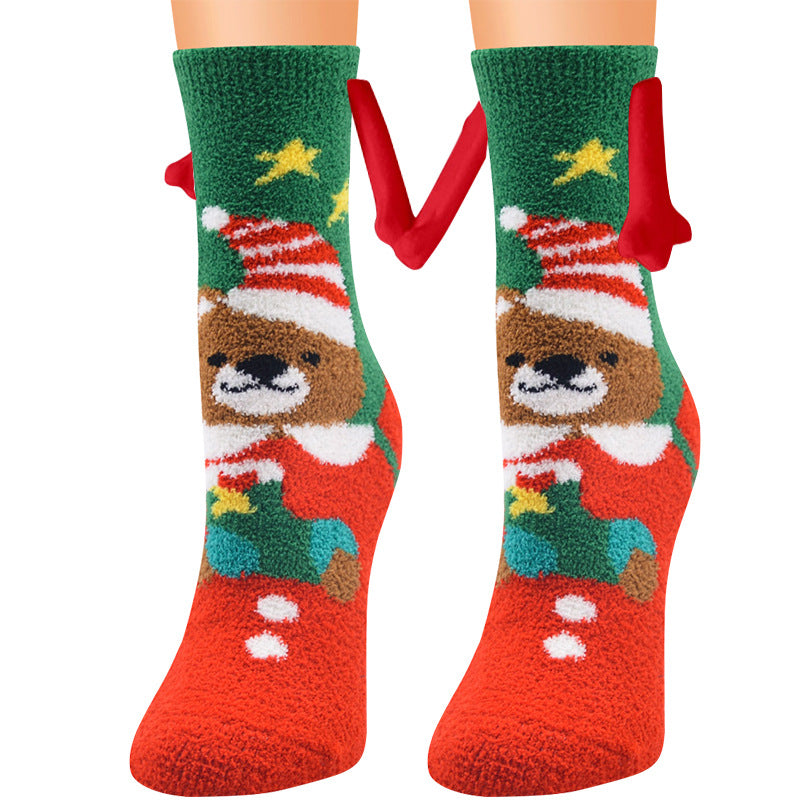 Christmas Supplies Magnetic Suction Hand in Couple Socks Coral Fleece