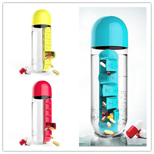 2-in-1 Water Bottle with Pill Box - Travel Cup with Storage