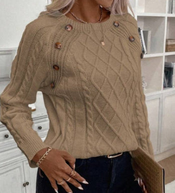 Square Neck Knitted Sweater with Button Design Winter Warm Long