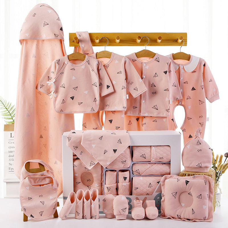 Cotton baby clothes gift box with long-sleeve cartoon clothing and accessories, available in blue or pink 18-piece and 22-piece sets.