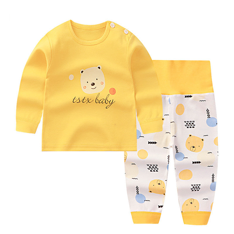 Two-piece 100% cotton baby underwear set with a long-sleeve top and matching cartoon-print trousers.