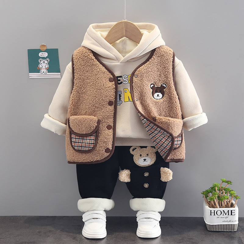 Cotton button-up jacket for babies and young children, available in beige and brown and sizes from 80 to 110 cm.
