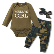 Camouflage-inspired 95% cotton baby romper with playful text designs, available in sizes from 70 to 100 cm.
