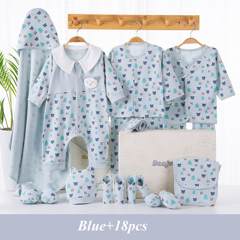 Cotton cartoon newborn baby suit in beige or blue, available in six Korean-inspired styles and sizes from 59 to 73 cm.