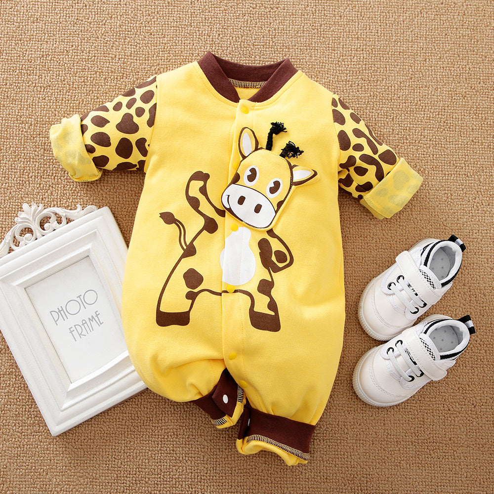 Cotton cow print baby jumpsuit with long legs and a single-breasted fastening, available in sizes from 59 to 90 cm.