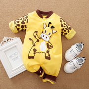 Cotton cow print baby jumpsuit with long legs and a single-breasted fastening, available in sizes from 59 to 90 cm.