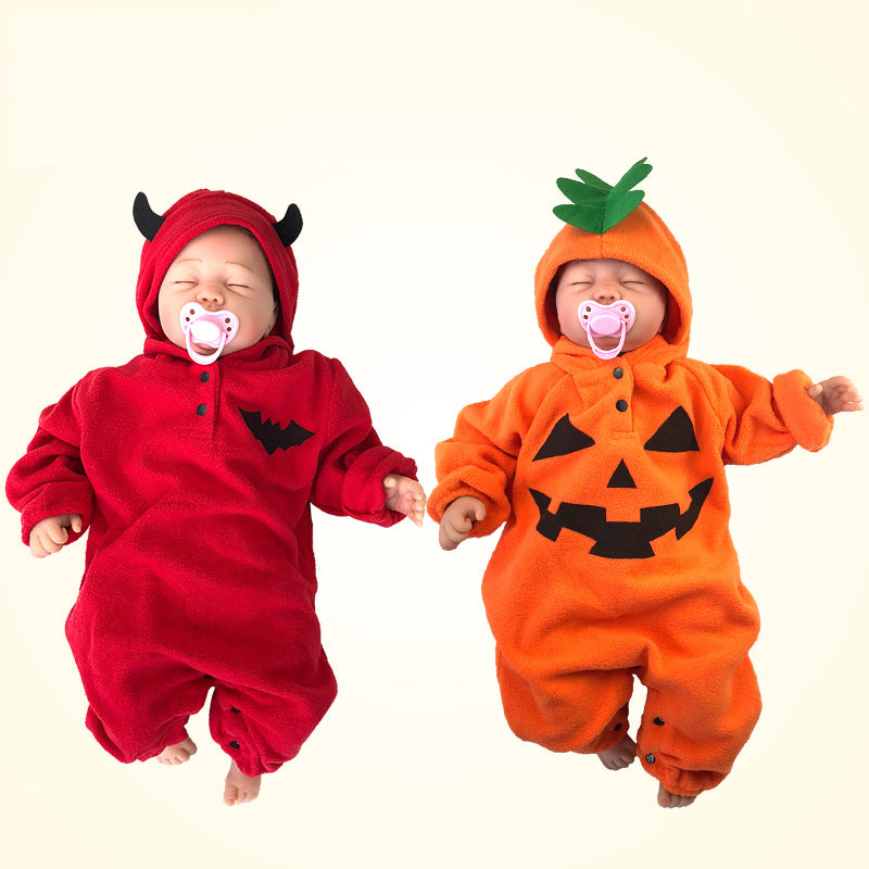 Long-sleeve cotton Halloween baby onesie available in orange and red and in sizes from 70 to 95 cm.