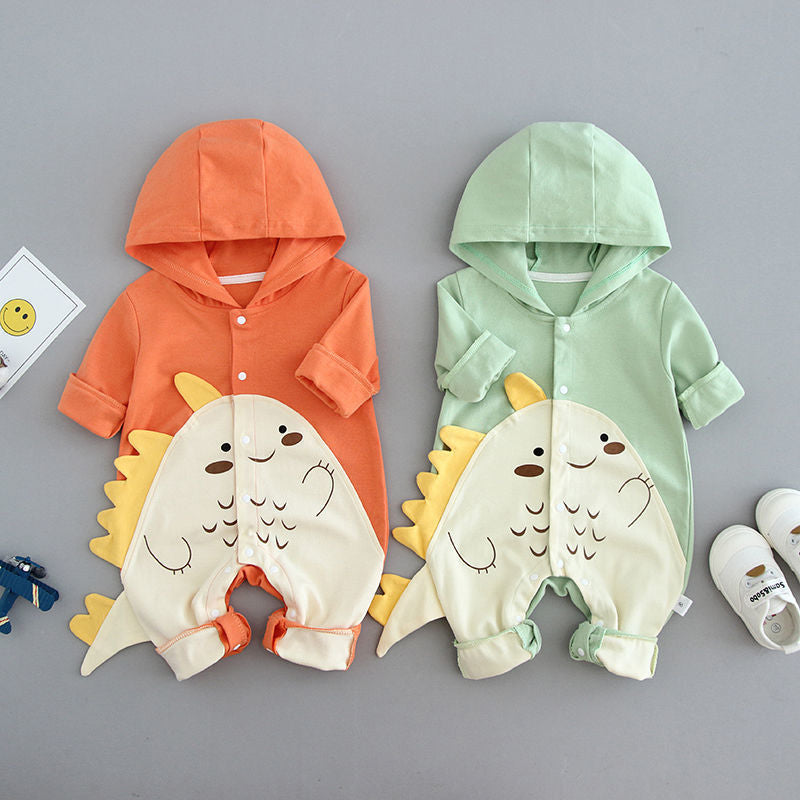 Cotton hooded dinosaur baby romper with long sleeves, available in green or orange and sizes from 66 to 90 cm.