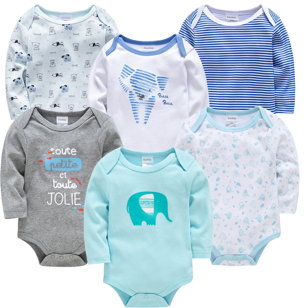 Cotton long-sleeve baby jumpsuit available in elephant, dog, striped and plain designs for babies aged 3 to 24 months.