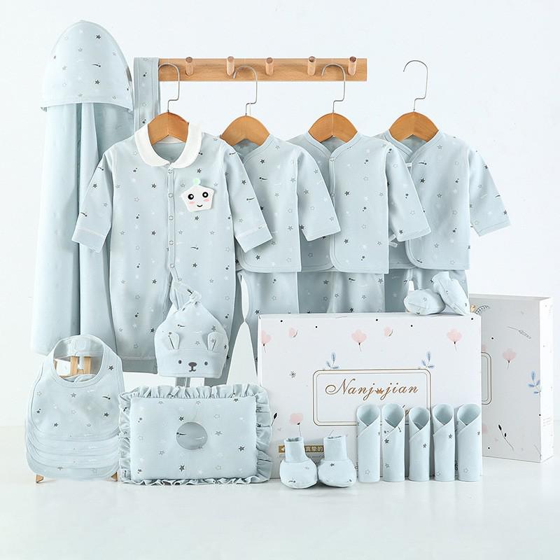 Cotton newborn baby clothes gift box with clothing, accessories and supplies, available in pink, blue and yellow sets of 16 to 24 pieces.