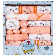 Eighteen-piece cotton newborn baby gift box with clothing, bibs, mittens, foot covers and handkerchiefs in blue, orange or pink.