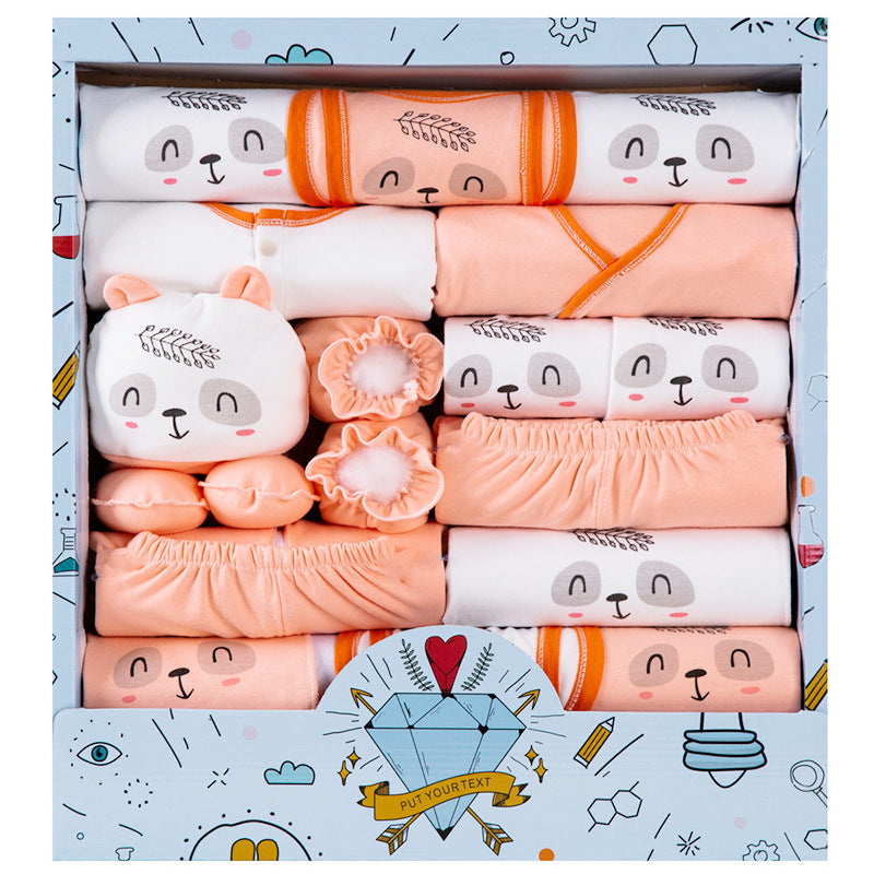 Eighteen-piece cotton newborn baby gift box with clothing, bibs, mittens, foot covers and handkerchiefs in blue, orange or pink.