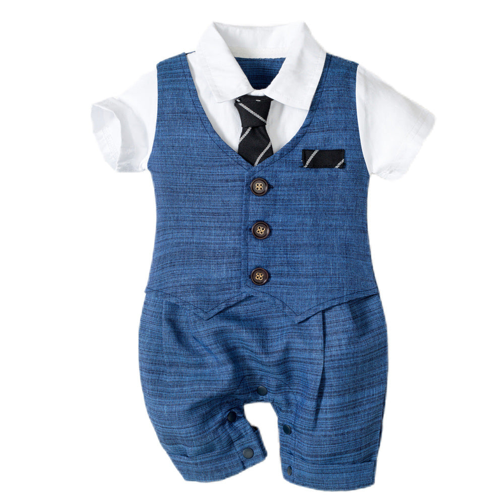 Dark blue 95% cotton short-sleeve baby romper with a single-breasted fastening, available in sizes from 59 to 90 cm.