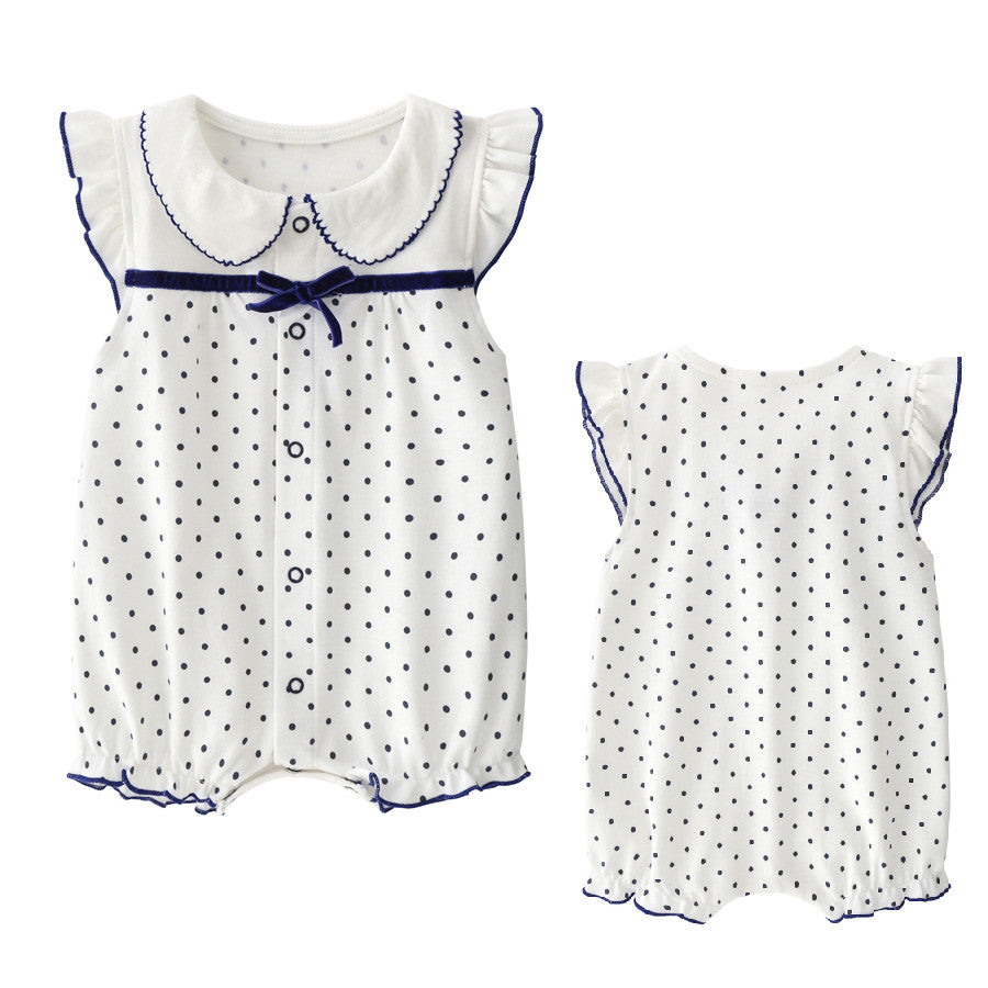 Sleeveless 100% cotton summer romper for baby girls, available in ten playful prints and sizes from 59 to 90 cm.