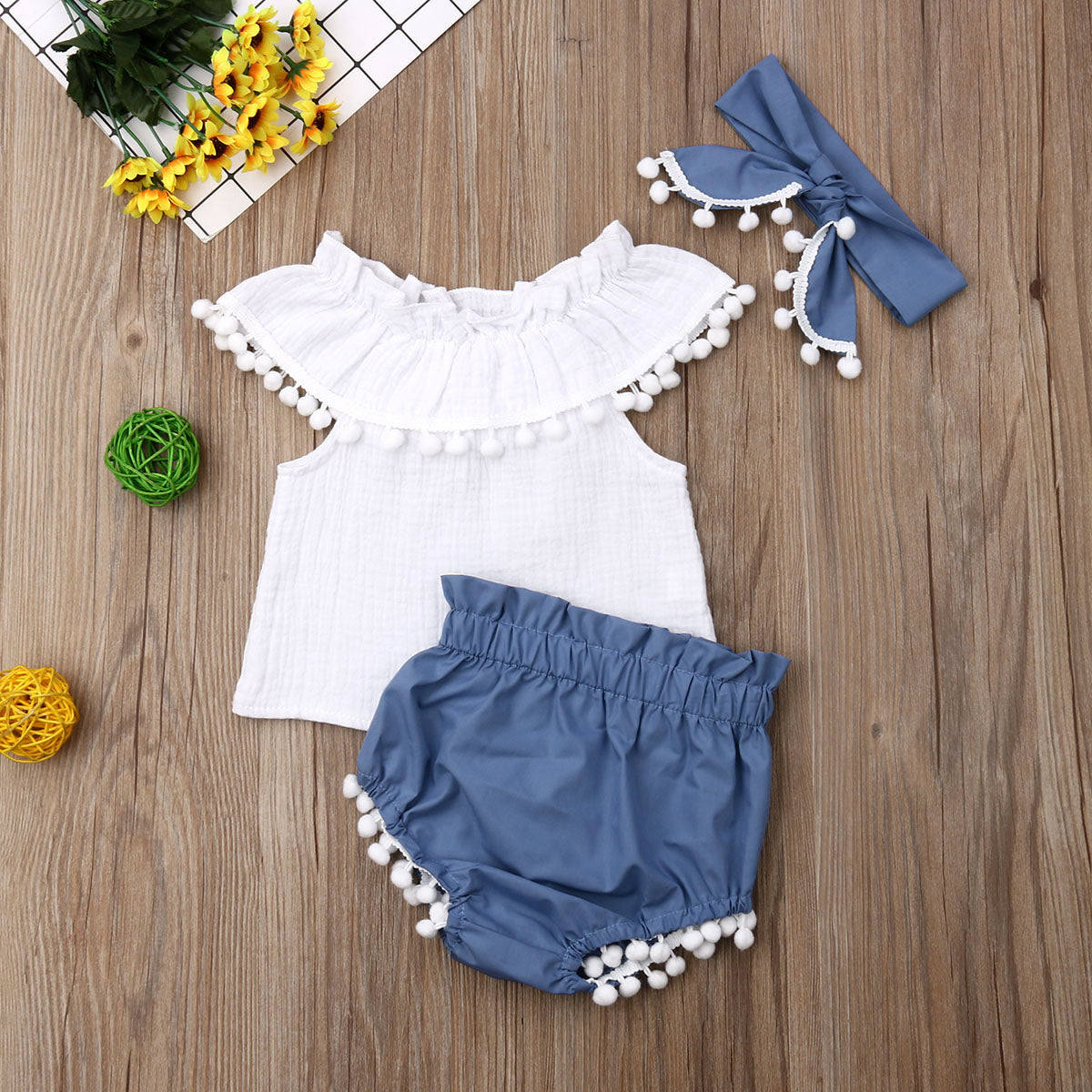 Cotton sleeveless top and matching pants set for baby girls, available in blue, pink and purple.