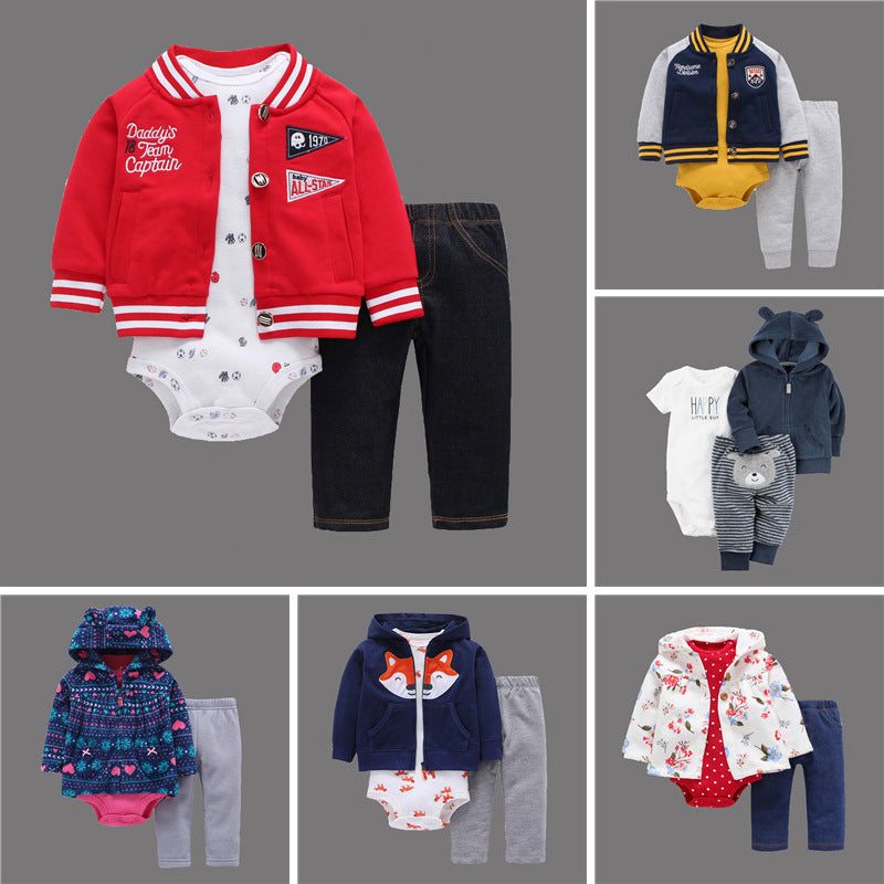 Soft 95% cotton baby outfit for spring and autumn, available in multiple colours, prints and sizes from 6 to 24 months.