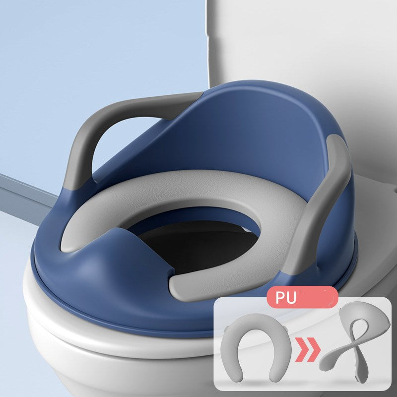 Cushioned toddler toilet training seat with a backrest, side handles, splash guard and adjustable fixing rod.