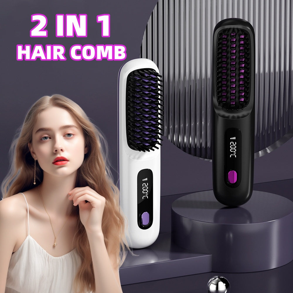 2-in-1 Straight Hair Comb Wireless Straightener Brush Fast Heating