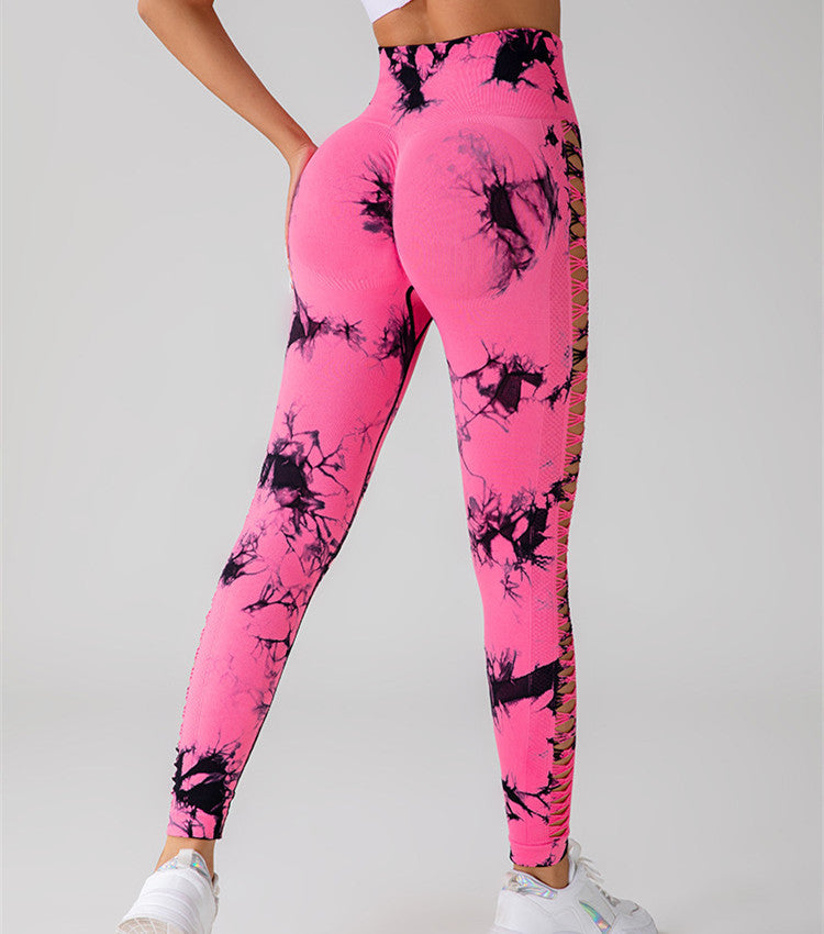 Hollow Tie Dye Printed Yoga Pants High Waist Butt Lift Seamless
