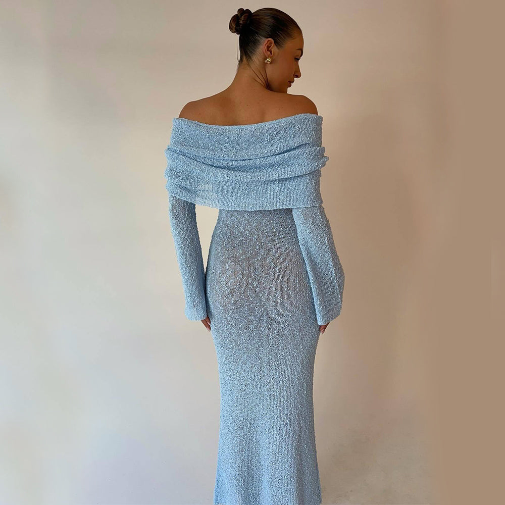 One-Shoulder Knitted Long-Sleeved Dress Sexy Beach Holiday Long