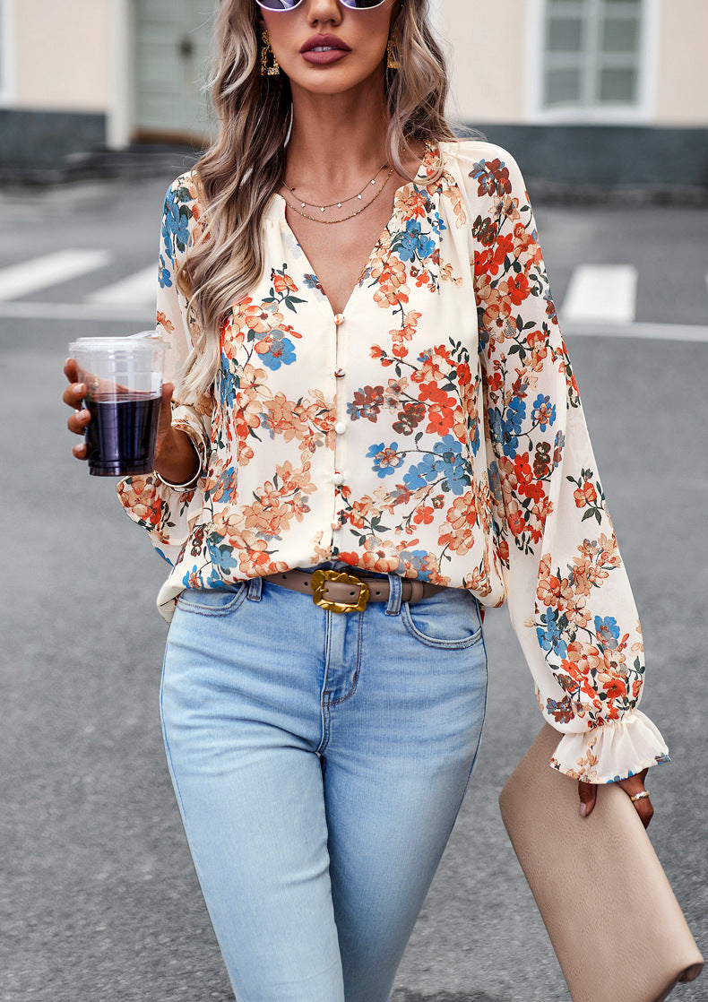 Women's Tops Casual Floral Print V-Neck Long Sleeve Shirts Loose