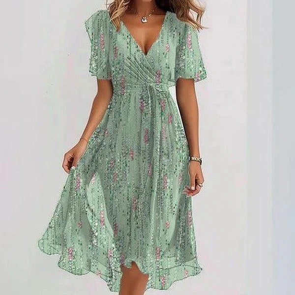Chiffon Printed Short Sleeve Dress Summer Elegant V-Neck Dresses