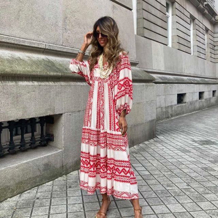 Summer Women's Vintage Printed Bohemian Dress Elegant Ladies Casual