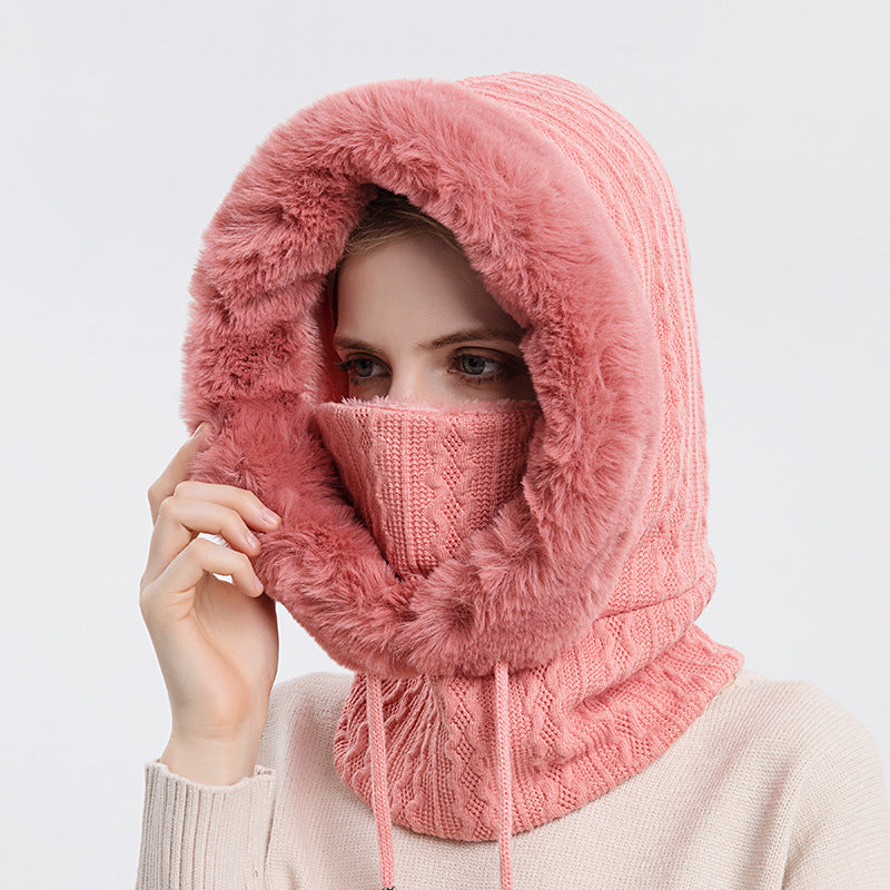 Winter Thick Plush Hat with Scarf Windproof Warm Knit Hats Hooded