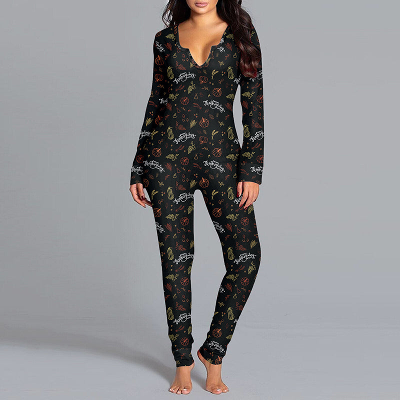 Halloween Printed Jumpsuit Long Sleeve Home Pajamas Casual Trousers
