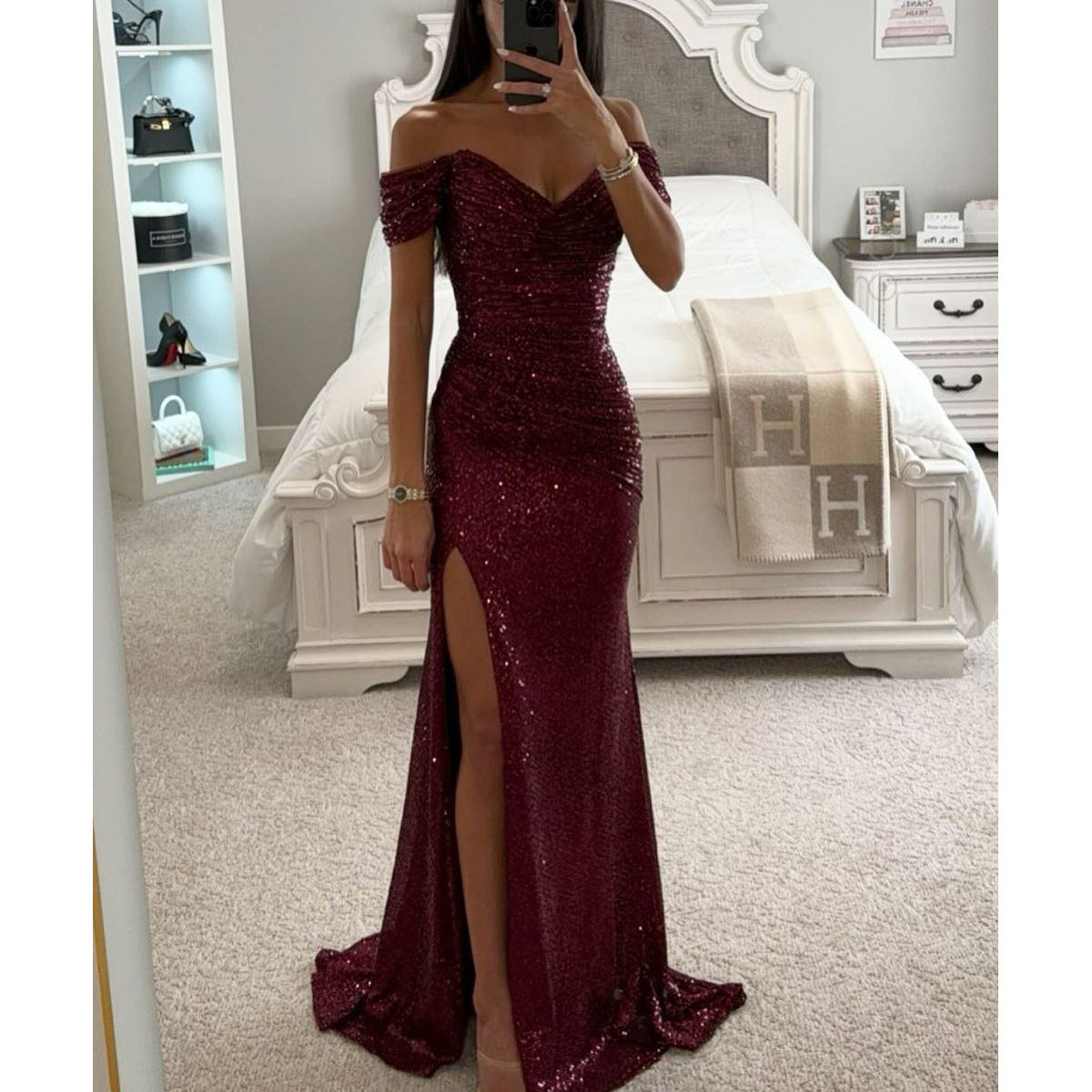 Party Sequins Off-Neck Split Dress Casual Fashion Women Charming