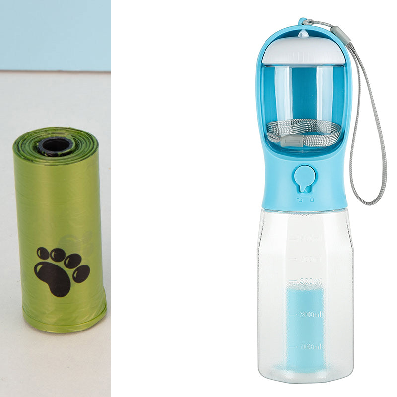 3-in-1 Dog Water Bottle 600 ml - Leakproof Travel Drinker, Food & Poop Bag Holder