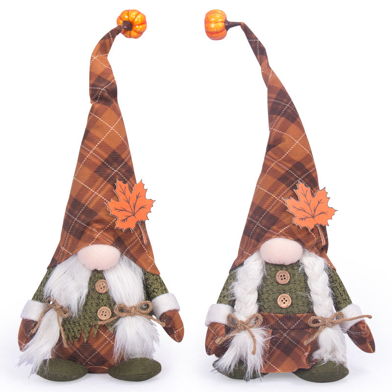 Halloween Fall Gnome Doll - Faceless Plaid Gnome with Maple Leaf, 51 cm
