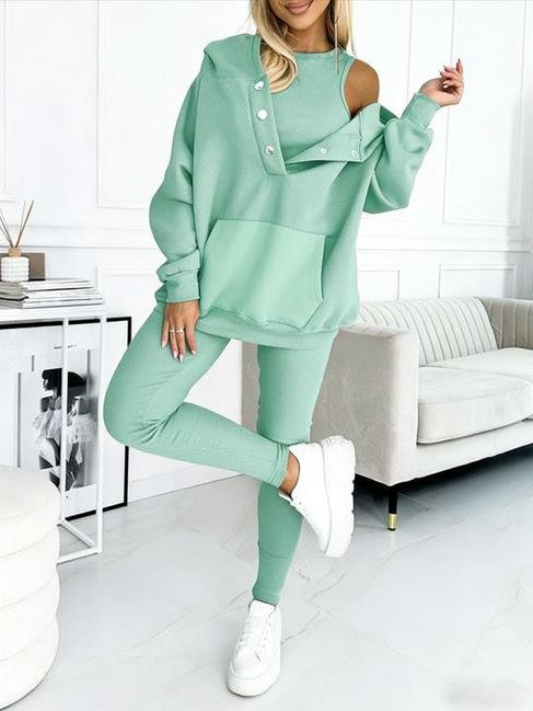 3pcs Women's Sports Suit Loose Hooded Pockets Sweatshirt and Vest
