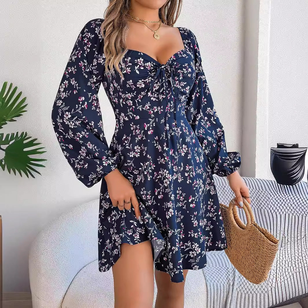 Fashion Floral Print Lantern Sleeve Dress Casual Sexy Tie Square Neck