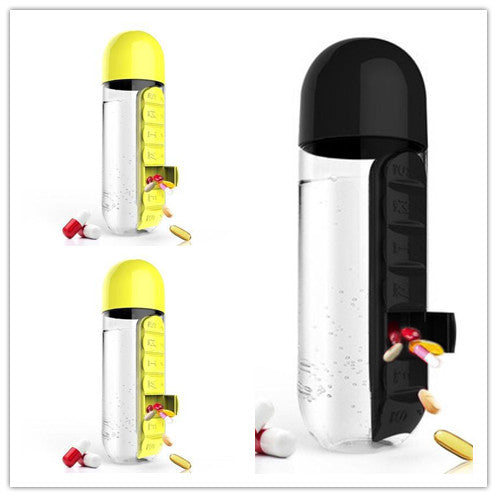 2-in-1 Water Bottle with Pill Box - Travel Cup with Storage