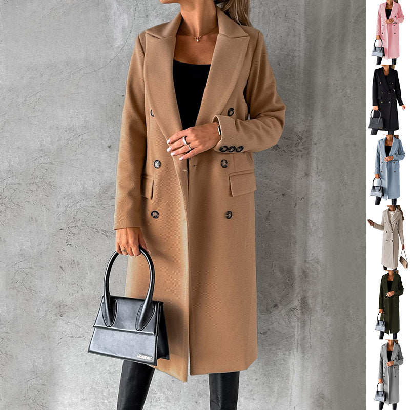 Double Breasted Lapel Coat Winter Fashion Solid Slim Long Jacket