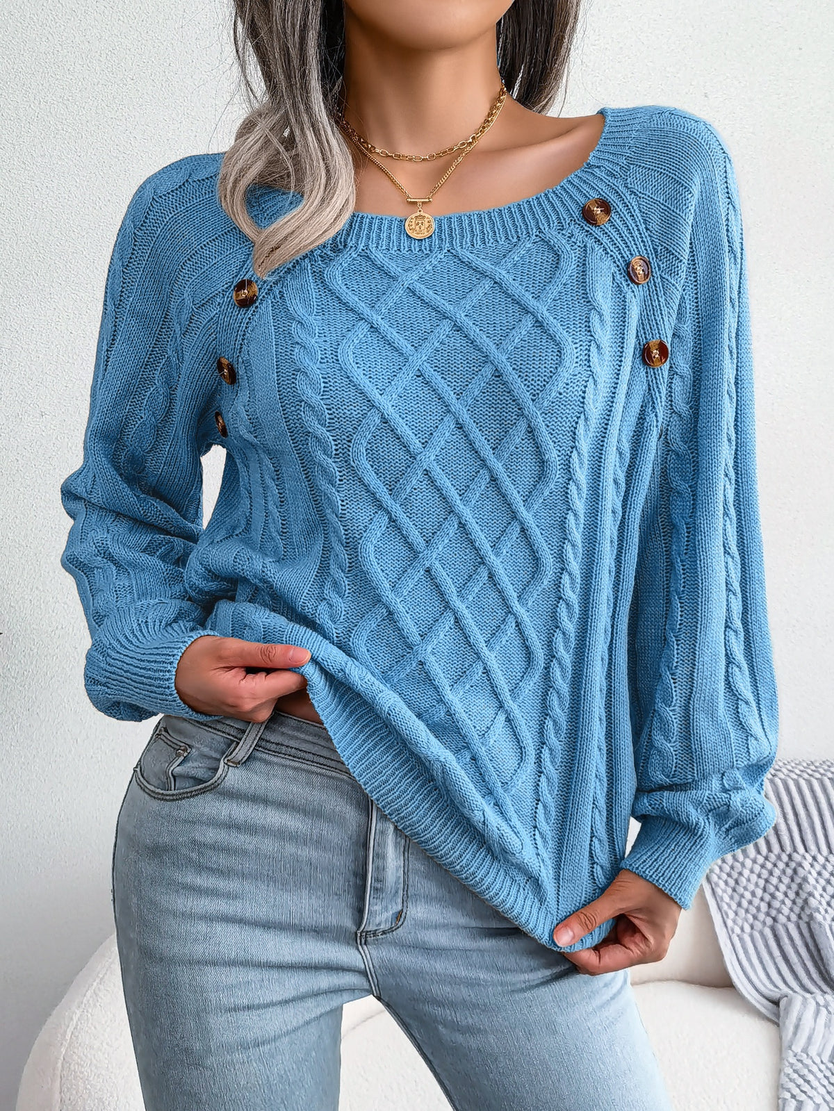 Square Neck Knitted Sweater with Button Design Winter Warm Long